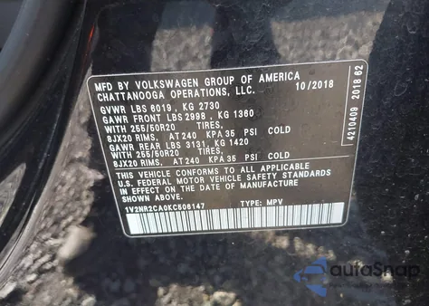 2019 Volkswagen Atlas 3.6L V6 Sel Premium z USA, uszkodzony, nr VIN 1V2NR2CA0KC506147